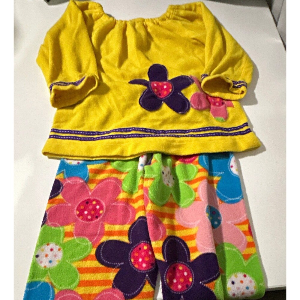 Girls 2pc Fleece Pajamas Set: Yellow Long Sleeve Top Floral Pants-Size 10